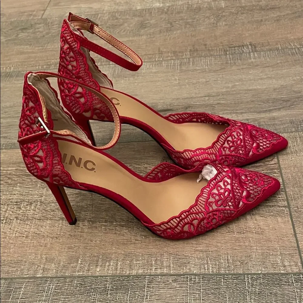 INC International Concepts Women's Red Lace Ankle Strap Heels - Picture 3 of 5